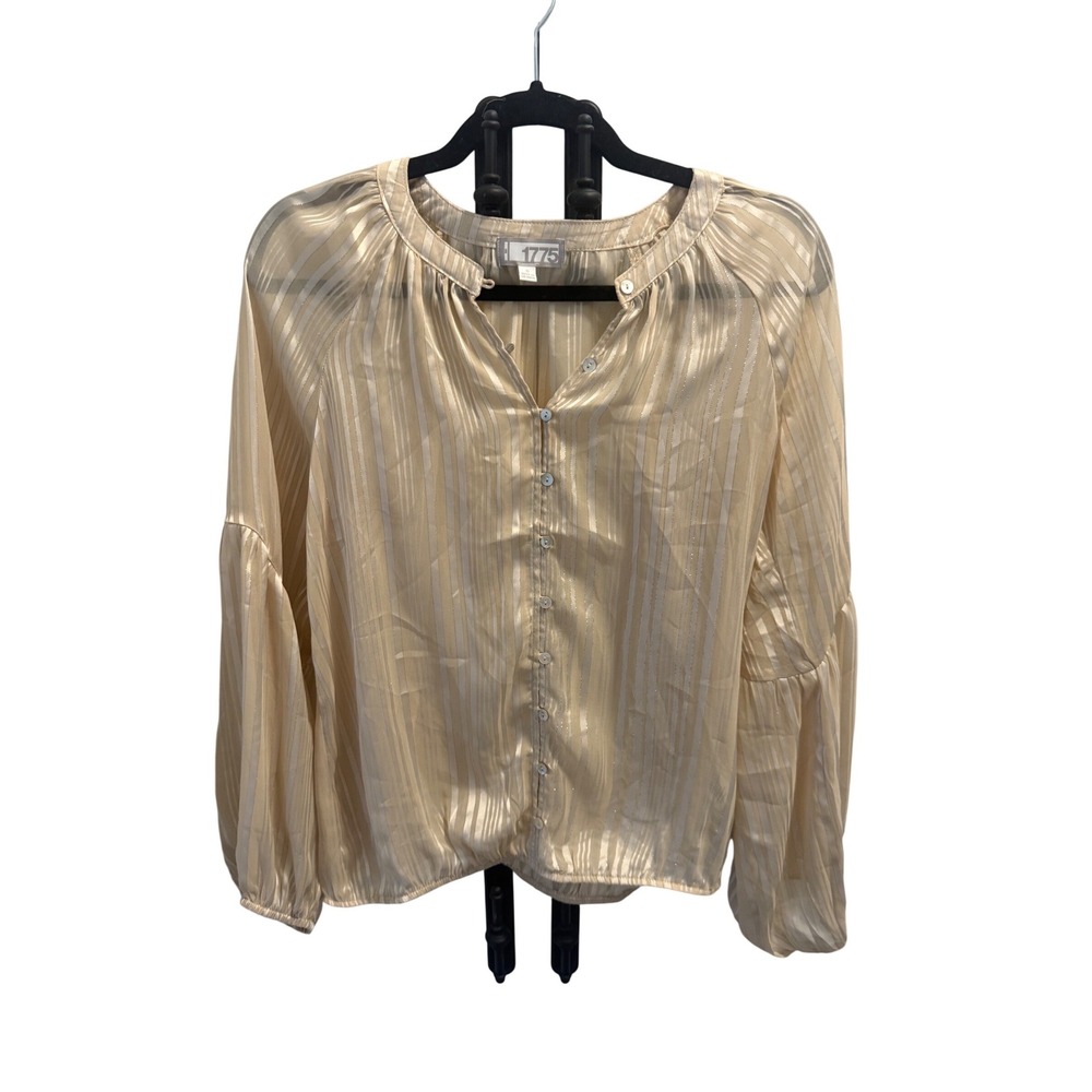 1775 Women's‎ Sz S Sheer Cream Metallic Striped Blouse Puff Sleeves Button Front